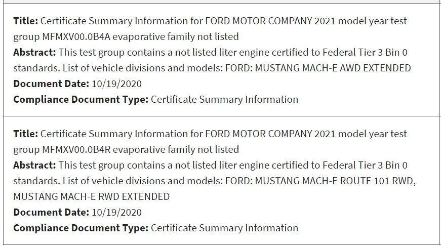 Ford Mustang Mach-E Mileage for Extended Range Mach-E Models Revealed in EPA Emissions Certifications 1605365048252