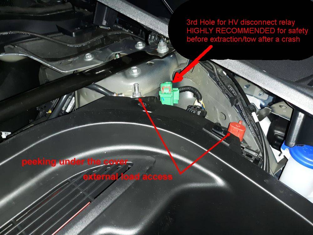Ford Mustang Mach-E How to DIY - add access holes for LVB 12v battery connection points & HV Disconnect Relay for Safety 01 peeking under cover
