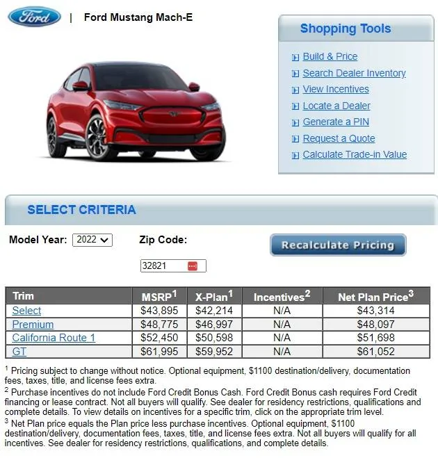 Ford Mustang Mach-E A, Z, X plan discount pricing for Mach-E XPlan
