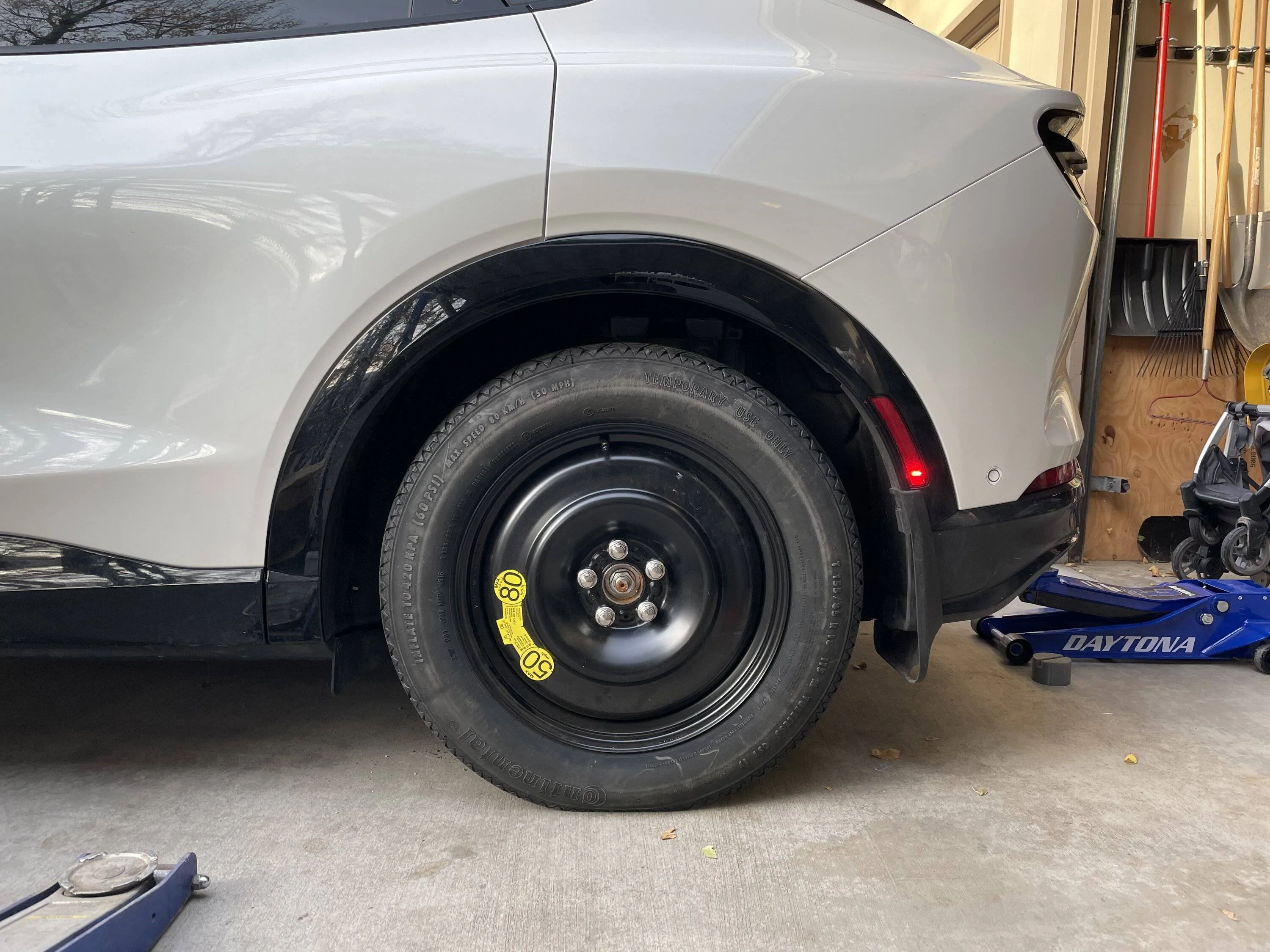 Ford Mustang Mach-E Spare wheel/tire at home. 45E35516-8688-4F5F-B787-960038E05D35