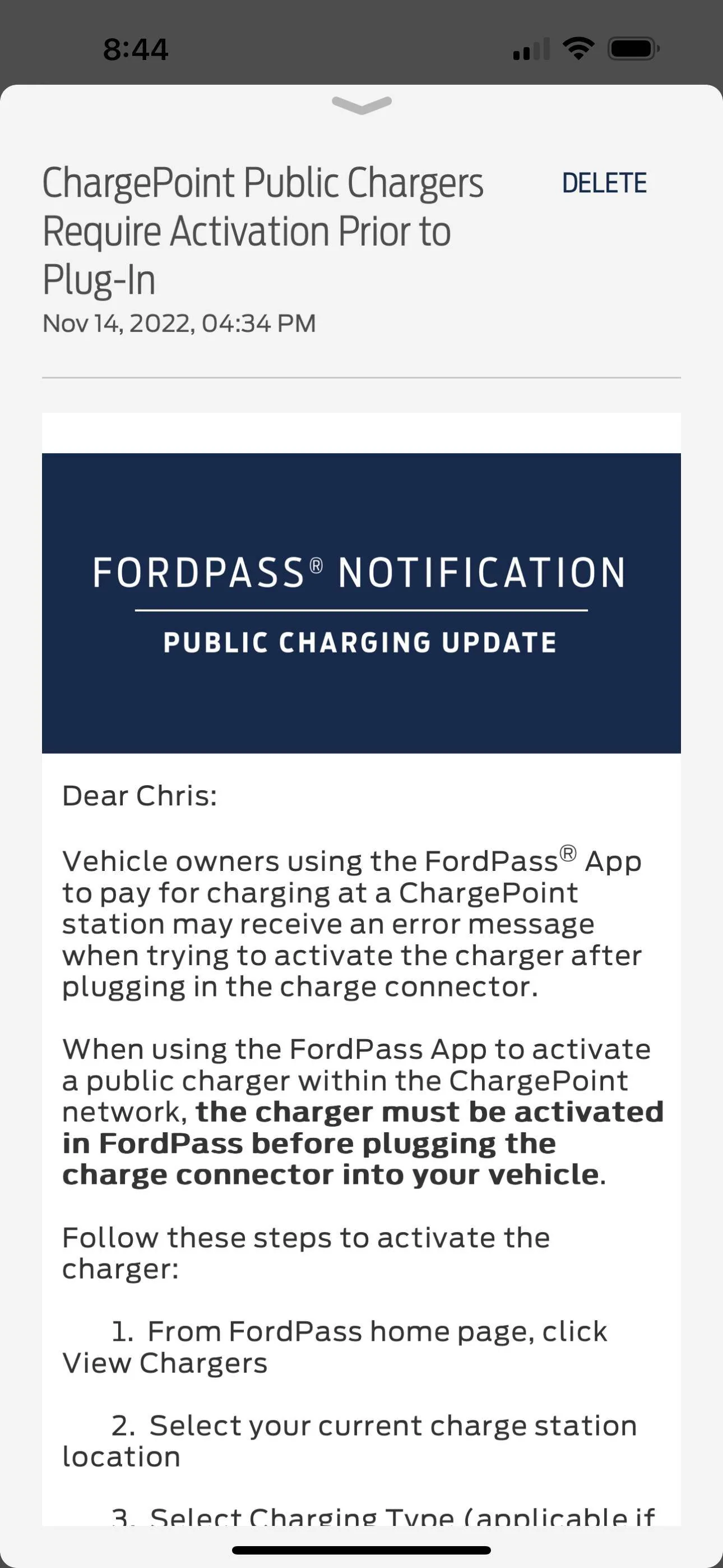 Ford Mustang Mach-E New FordPass message about ChargePoint charging procedure A30B5CA8-B4DF-4876-B3C1-9F269E578129