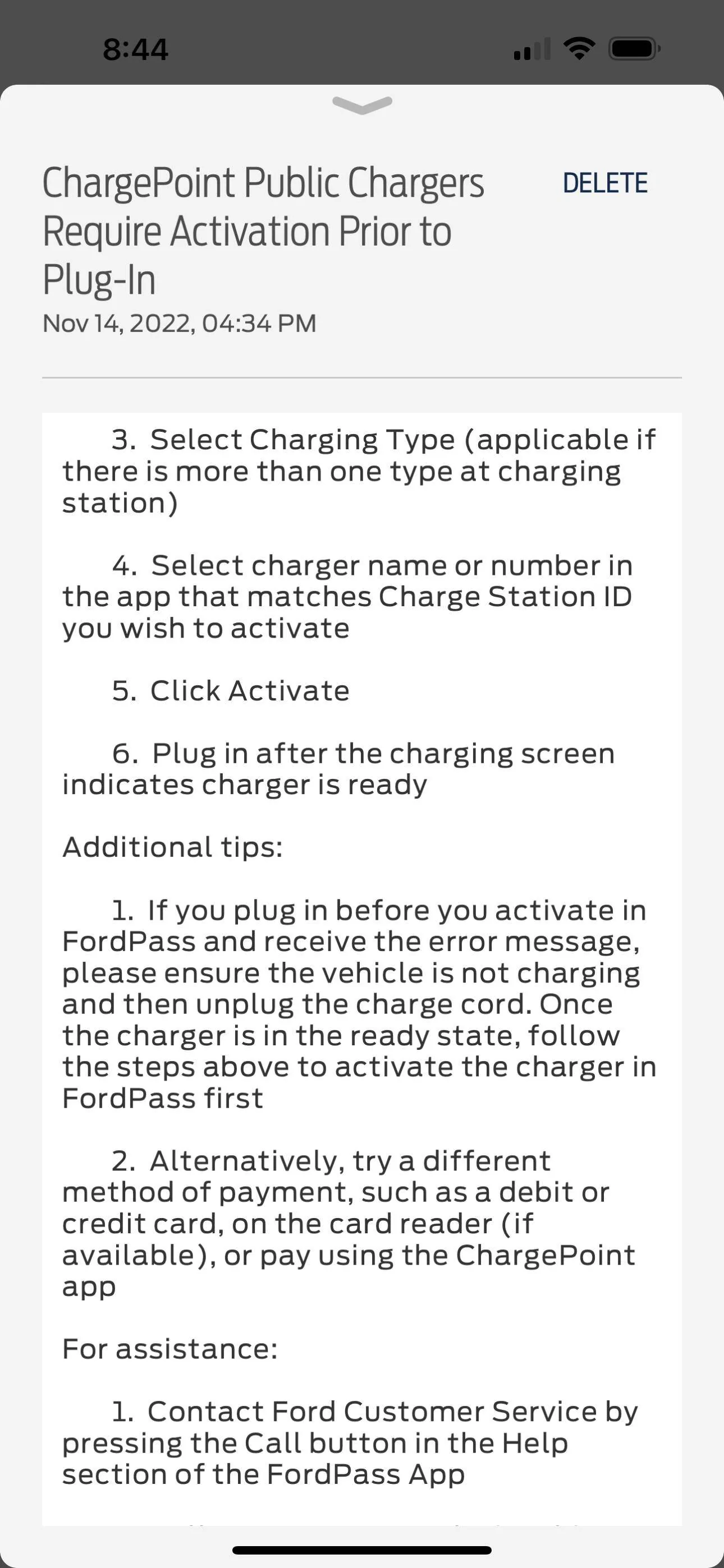 Ford Mustang Mach-E New FordPass message about ChargePoint charging procedure FC6429AA-7979-4B0C-BB3A-437101C11C18
