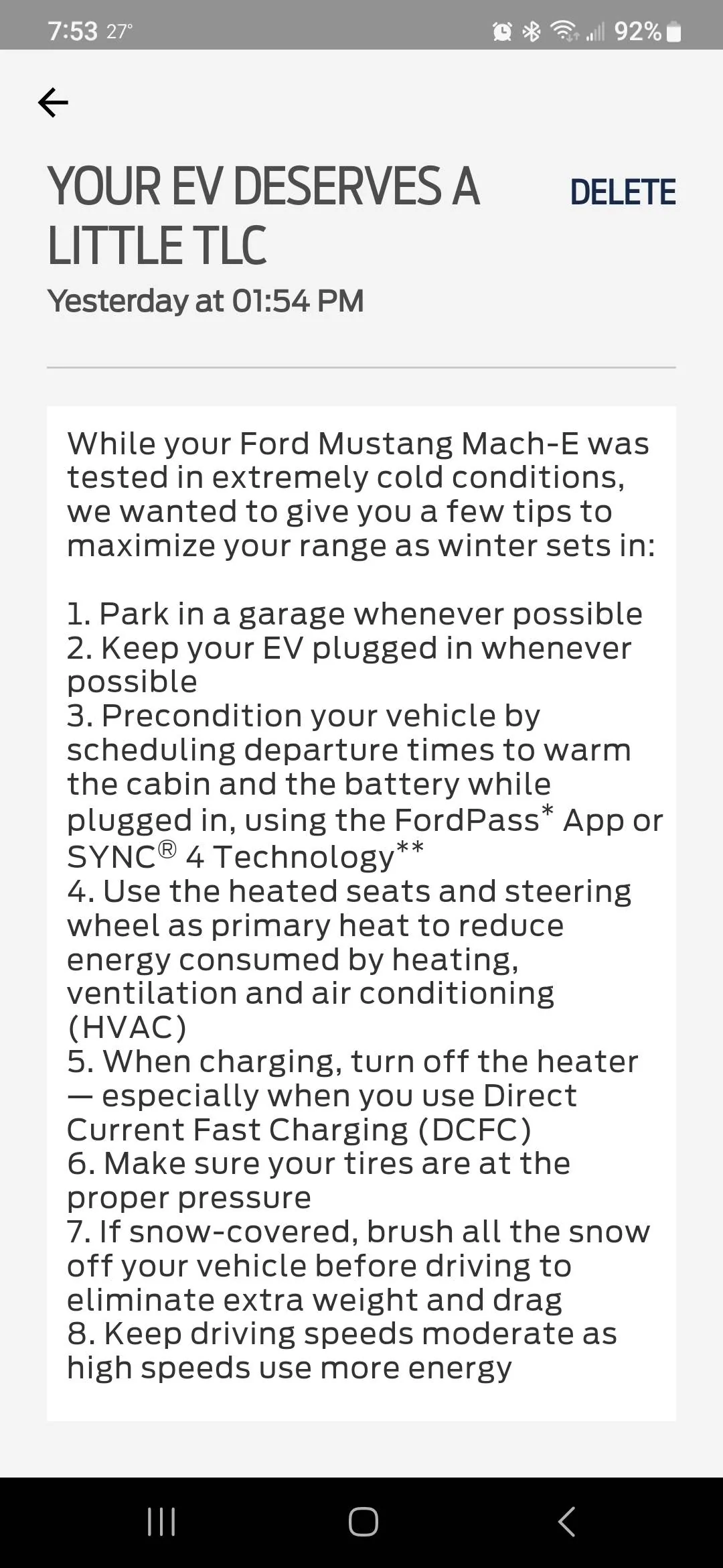 Ford Mustang Mach-E Ford's Cold Weather EV Tips (do you follow these?) -- "Your EV Deserves a Little TLC" Message Screenshot_20221119_075344_FordPass
