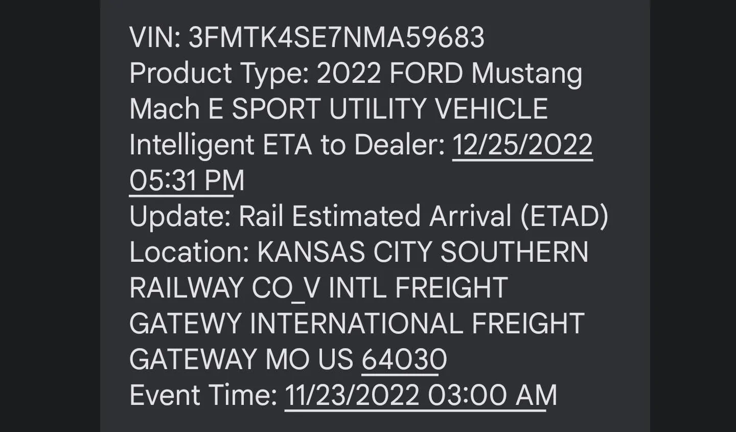 Ford Mustang Mach-E 10/24 Build date 20221122_154102