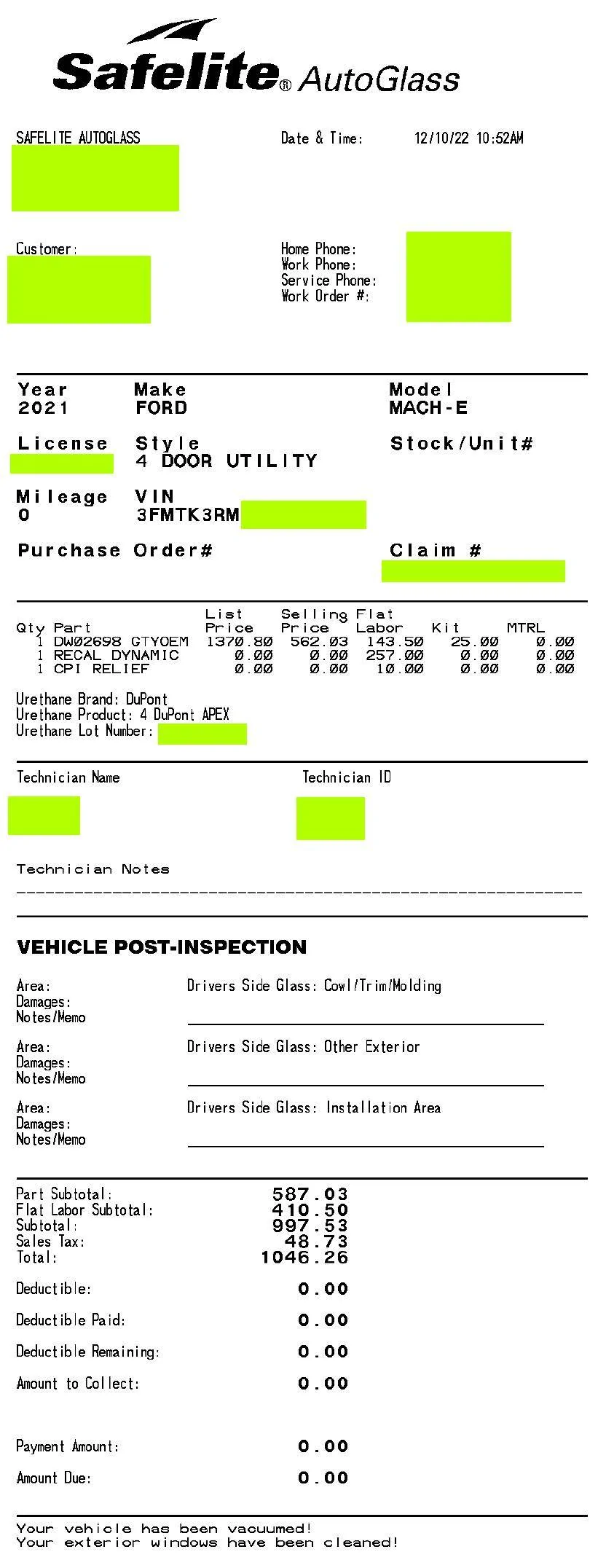 Ford Mustang Mach-E Cracked Front Windshield Replacement Price ? safelite receipt