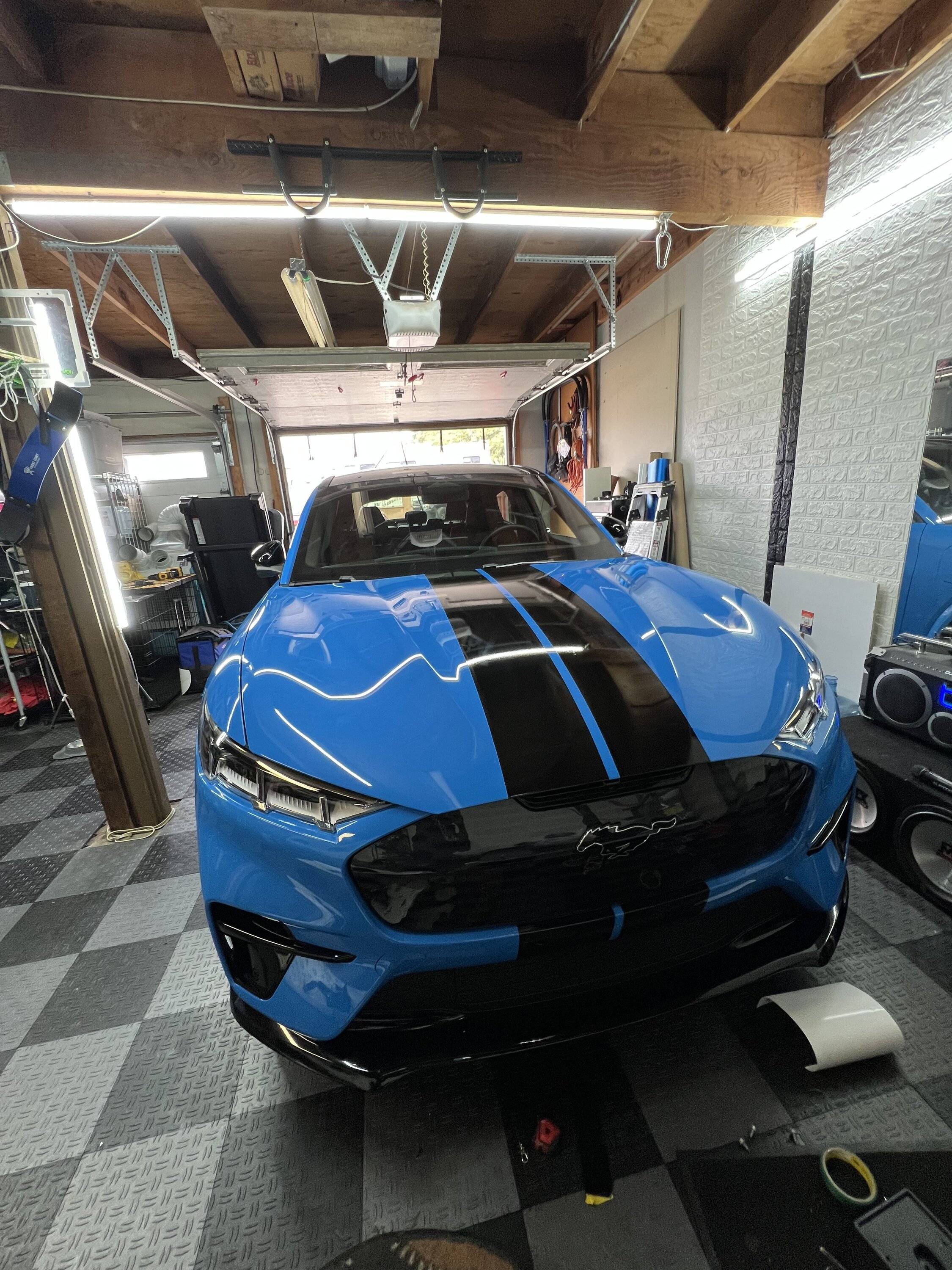 Ford Mustang Mach-E Mach E-GT Racing Stripes added today (black stripes on Star White). 046C3E4E-D5E0-4591-8914-660B12239D17