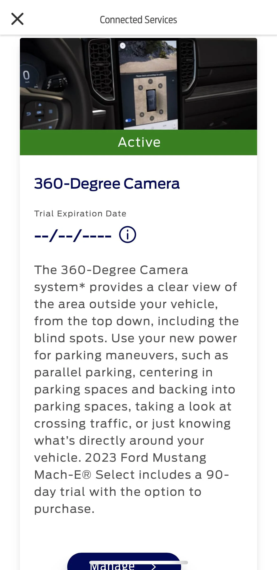 Ford Mustang Mach-E 360 camera subscription on 2023 Select AFAED2FC-E3F7-40D8-8359-C1E9F00E2805