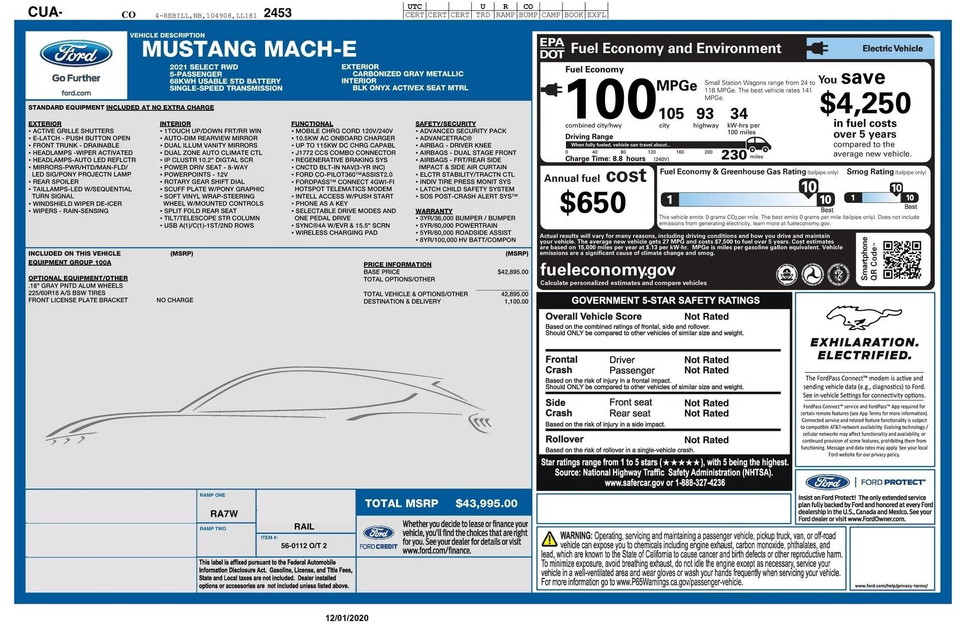 Ford Mustang Mach-E Mach-E Extended Range -- acceleration modeling Select E window sticker VIN obscured