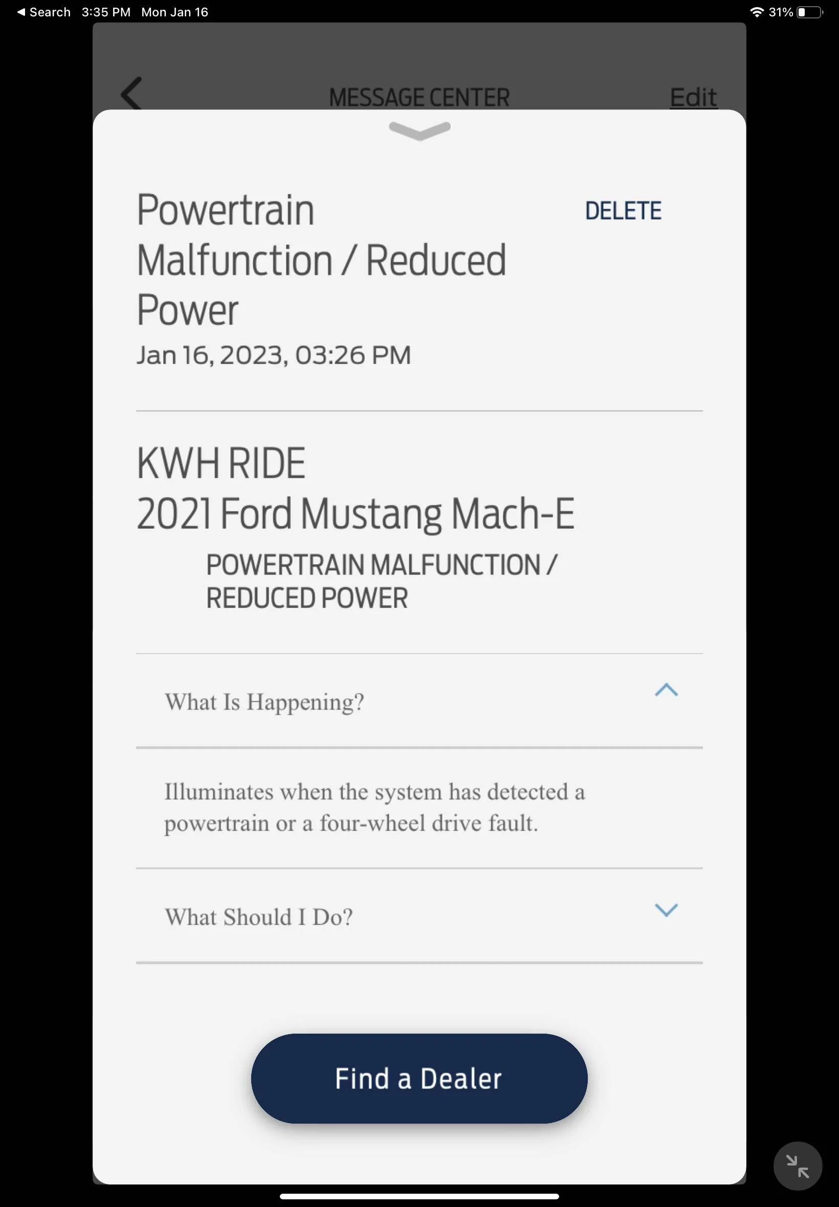 Ford Mustang Mach-E Error message: Powertrain malfunction / reduced power 9DB89D1F-F7AE-4DE0-B787-26394E231F34