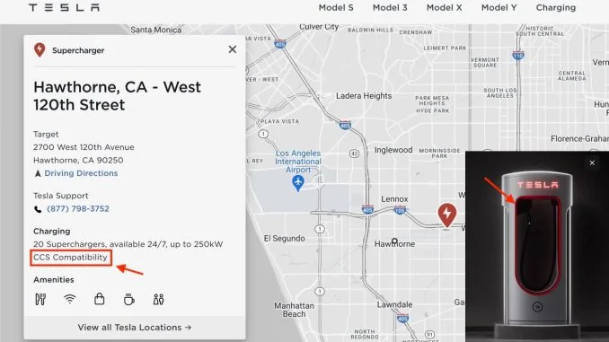 Ford Mustang Mach-E First Tesla Supercharger location with "Magic Dock" CCS compatibility in the US potentially revealed hawthorne-supercharger-magic-dock-678x381