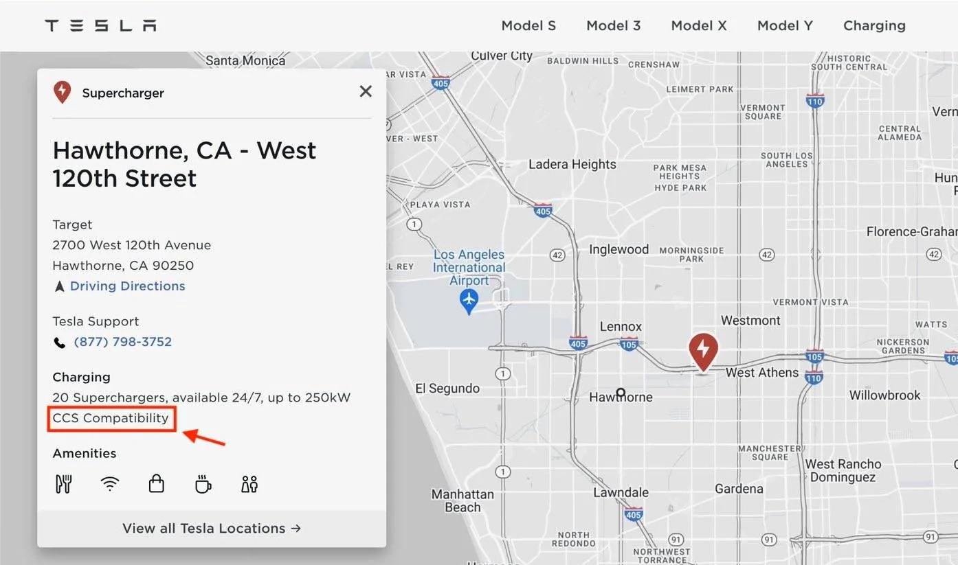 Ford Mustang Mach-E First Tesla Supercharger location with "Magic Dock" CCS compatibility in the US potentially revealed hawthorne-supercharger-ccs