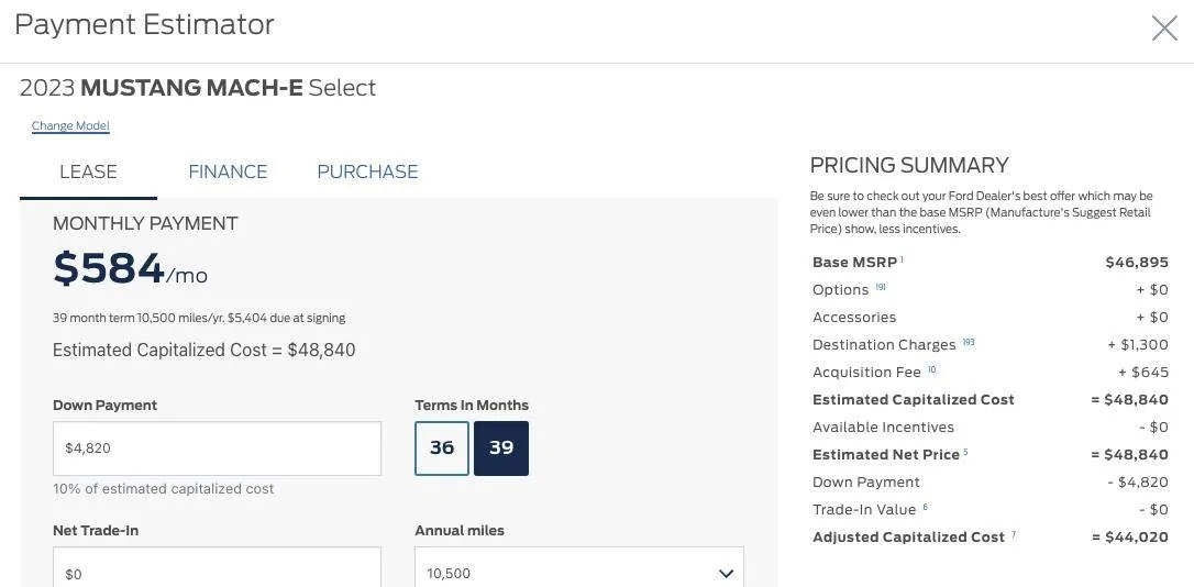 Ford Mustang Mach-E Ford Mach E Leasing Incentives Screen Shot 2023-01-22 at 1.52.49 PM