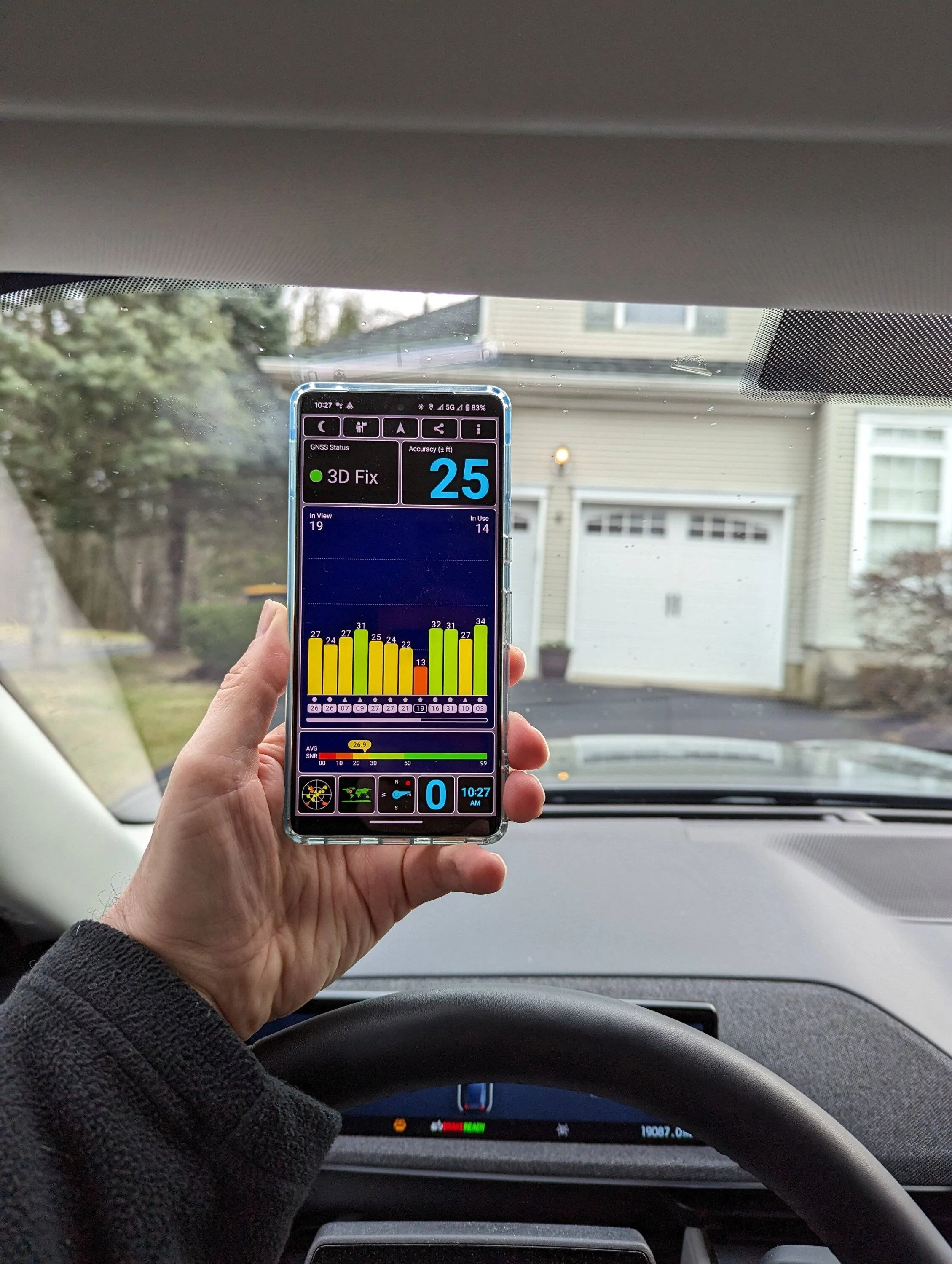 Ford Mustang Mach-E Test of phone GPS reception in different locations in '21 Mach E (because Android Auto GPS issues) Windshield near top between A-Pillar and frit PXL_20230131_152746028