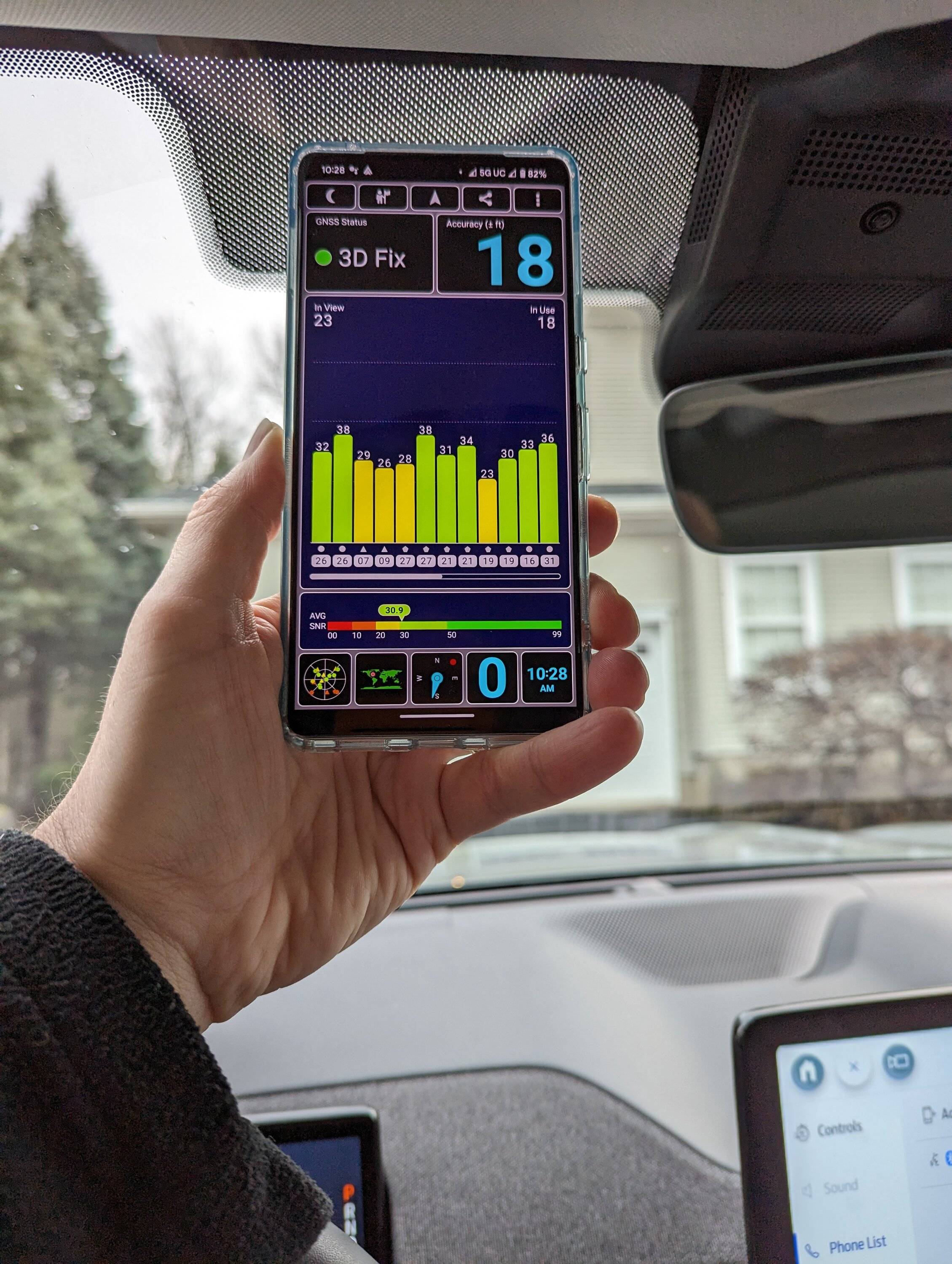 Ford Mustang Mach-E Test of phone GPS reception in different locations in '21 Mach E (because Android Auto GPS issues) Windshield, top of phone centered in frit PXL_20230131_152804060