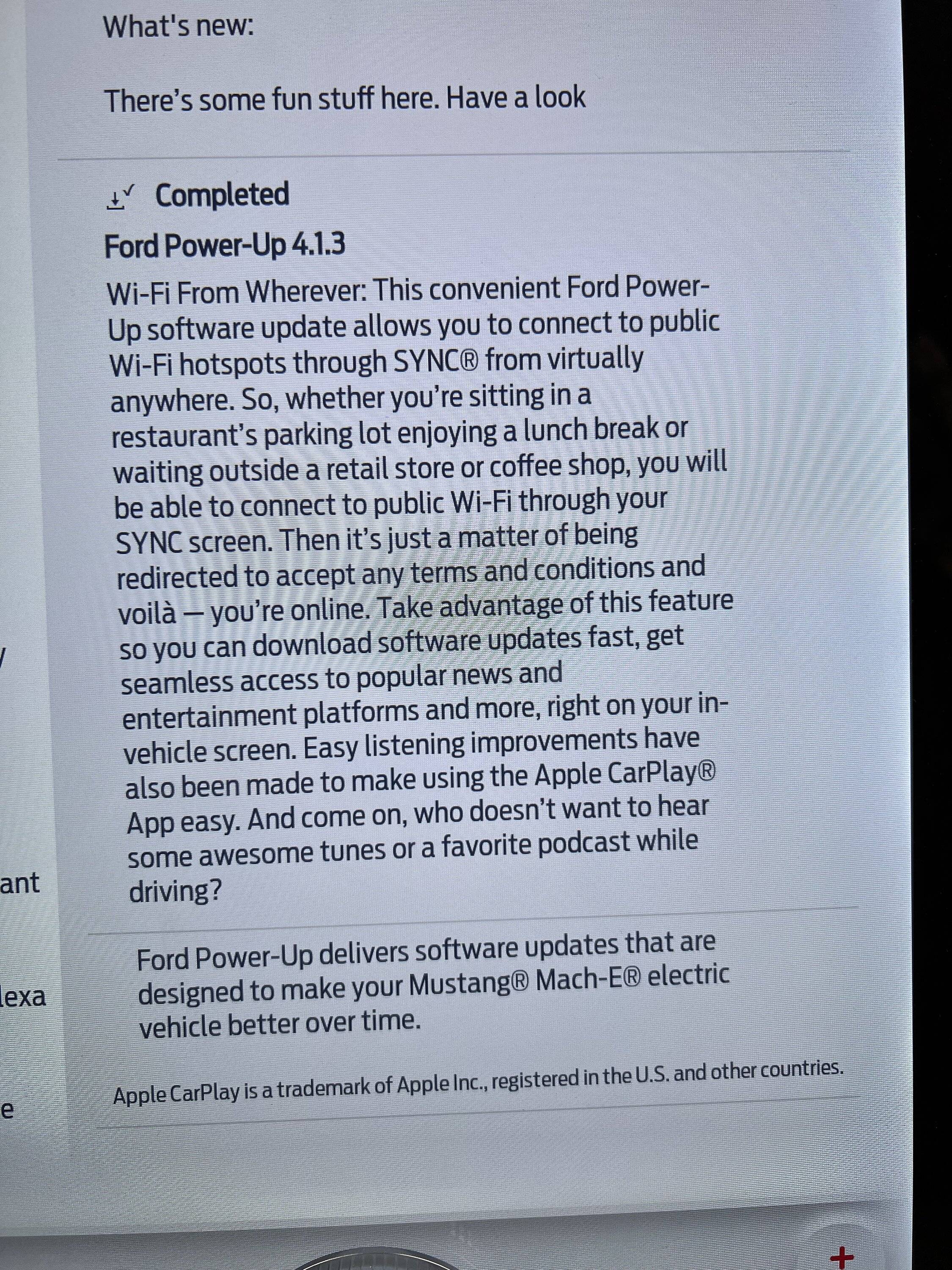 Ford Mustang Mach-E Power-Up Software 4.1.3 pushed BA24EBF2-57A5-415F-8ECD-4EB04E84FB6F