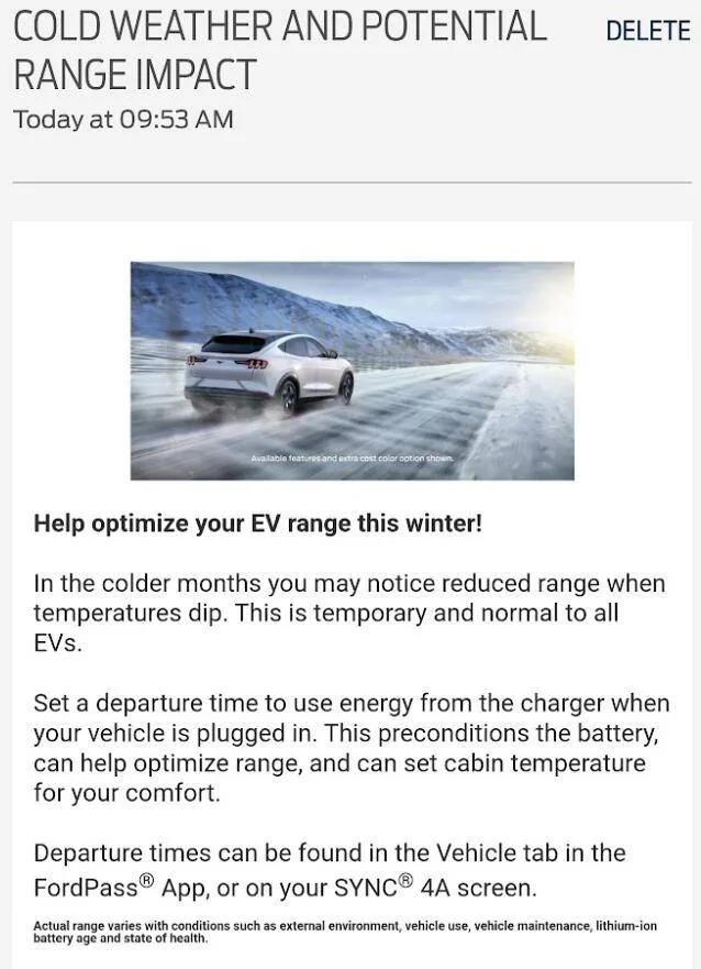 Ford Mustang Mach-E Cold weather fordpass app notification -- anyone else? 1676347865119