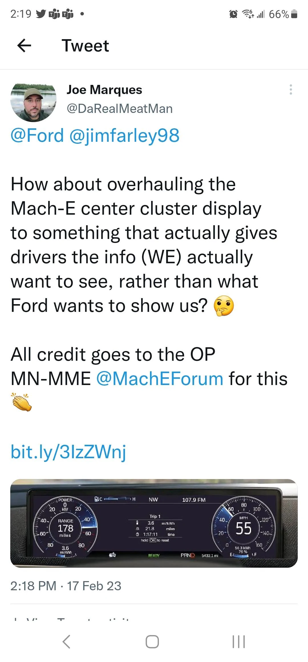Ford Mustang Mach-E Hey Ford! Can we get mi/kWh on the instrument cluster? Screenshot_20230217_141906_Twitter