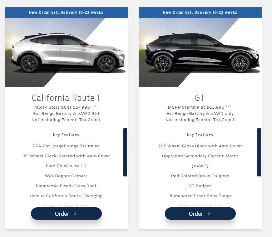 Ford Mustang Mach-E 03/23: Only GT and CA Rte 1 available to order right now. Captur