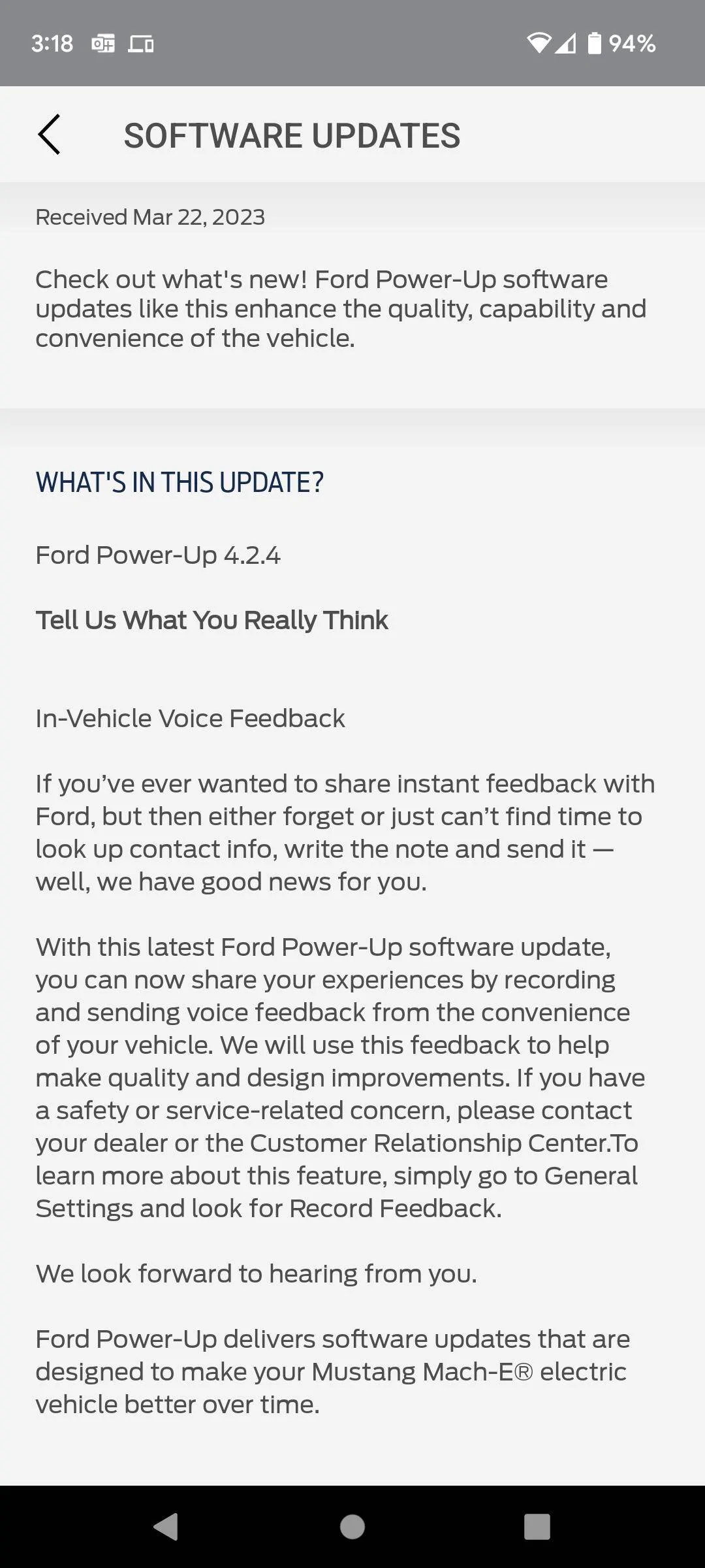 Ford Mustang Mach-E Power-Up 4.2.4 software version released Screenshot_20230322-151817