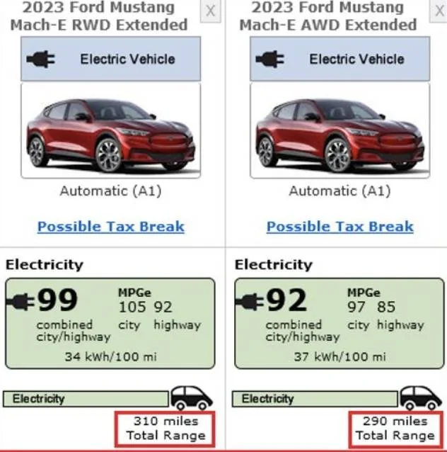 Ford Mustang Mach-E 2023 Mach-E Premium Extended Range (ER) AWD & RWD get more EPA range Screenshot 2023-04-17 at 6.51.13 AM