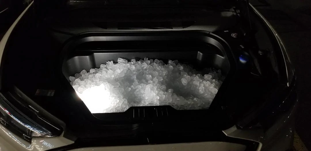 Ford Mustang Mach-E Frunk as a camping ice cooler - test prior to a family Summer road trip. Frunk with ice - 80 lb - Tuesday evening