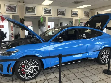 Ford Mustang Mach-E Mach-E on Display at Some Dealers Now MachE Grabber Blue Dealershi